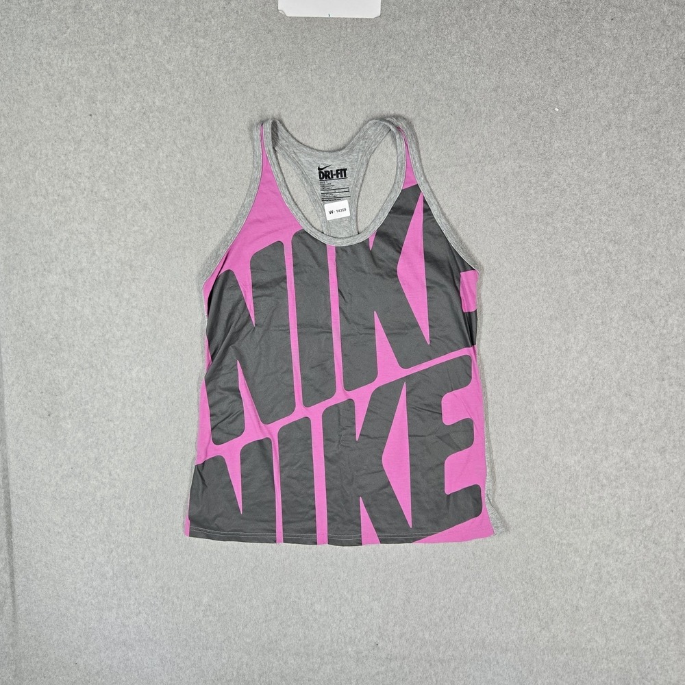 Nike Women Tank Top L Gray Graphic Activewear Dri-Fit Allover Print Logo Loose